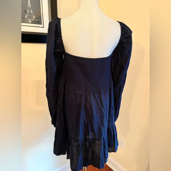 Quince Navy 100% European Linen Smocked Dress - Picture 7 of 7
